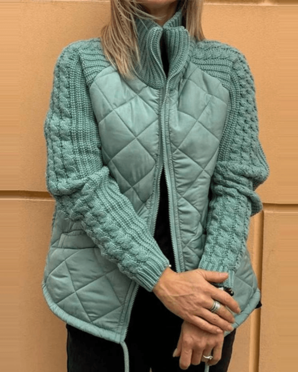Quilted Puffer Jacket with Knitted Sleeves for Women