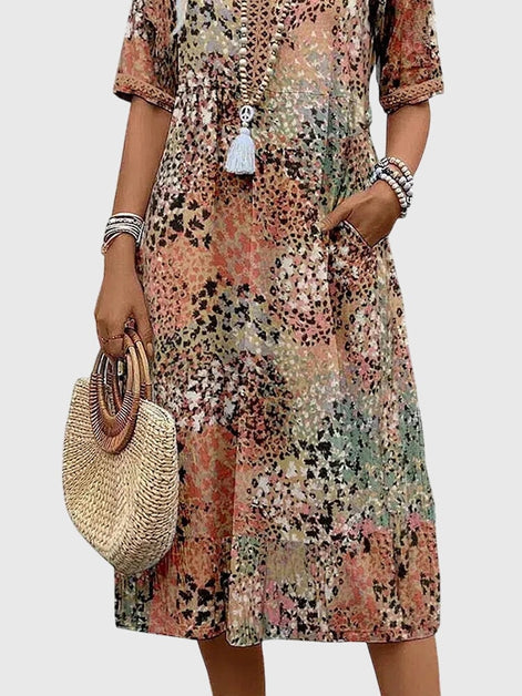 Bella Floral V-Neck Midi Dress with Pockets in Polyester