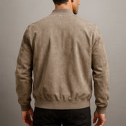 Suede-Textured Bomber Style Jacket for Men with Ribbed Trim