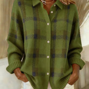 Women's Plaid Knit Button-Up Shirt Jumper with Collar