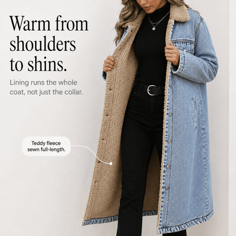Denora Sherpa-Lined Full-Length Denim Coat with Lapel Collar