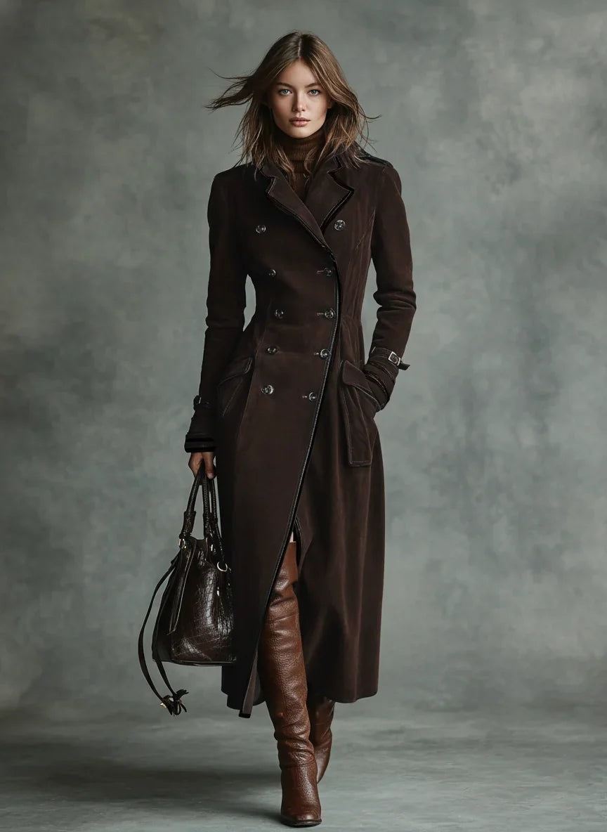 Uilkje Double-Breasted Suede Longline Winter Coat for Women