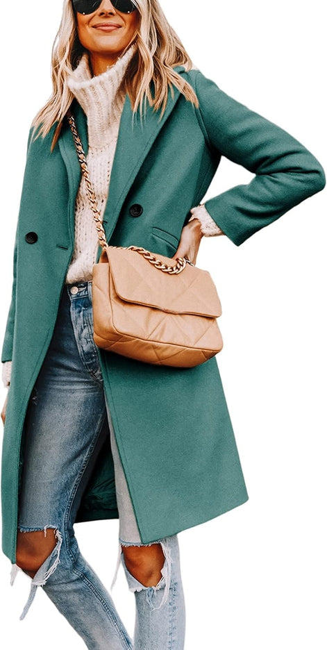 Women's Notch Lapel Double-Breasted Long Wool Winter Coat with Side Pockets