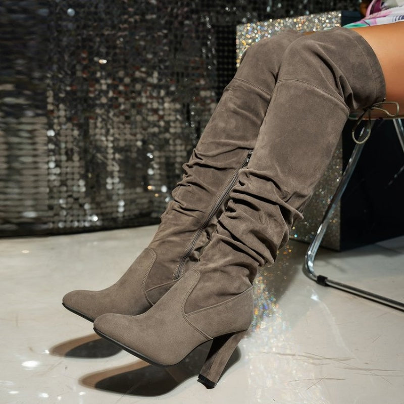 Women's Slouchy Suede-Effect Over-the-Knee Boots with Block Heel
