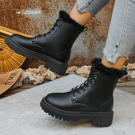 Women's Faux Leather Winter Boots with Faux Fur Trim and Chunky Platform Sole