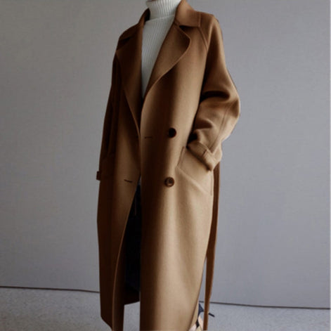 Longline Double-Breasted Women's Wool Blend Coat for Winter