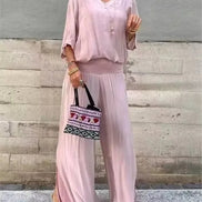 Adeline Draped Blouson Top and Wide-Leg Trouser Two Piece Set