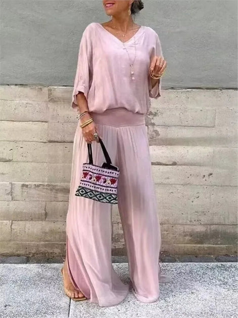 Adeline Draped Blouson Top and Wide-Leg Trouser Two Piece Set