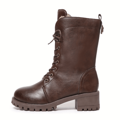 Faux Leather Lace-Up Women's Winter Boots with Fleece Lining and Side Zip