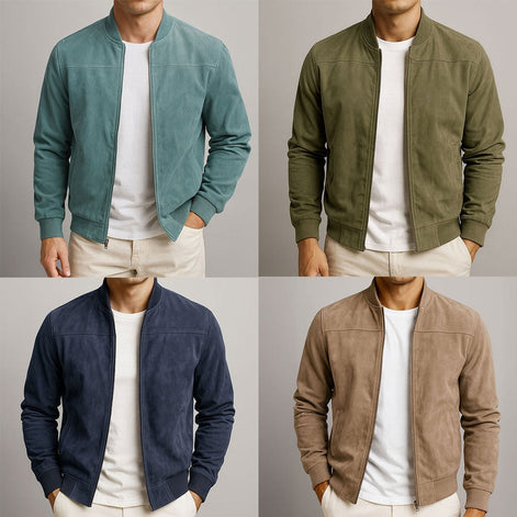 Suede-Textured Bomber Style Jacket for Men with Ribbed Trim