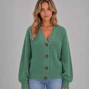 Chunky Ribbed Knit Button-Front V-Neck Women's Cardigan Jumper