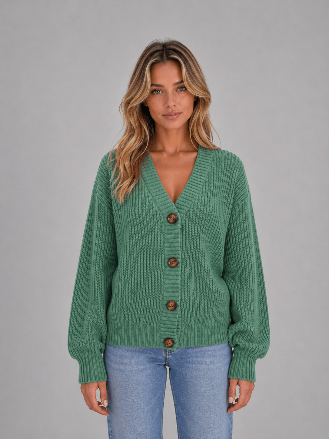 Chunky Ribbed Knit Button-Front V-Neck Women's Cardigan Jumper