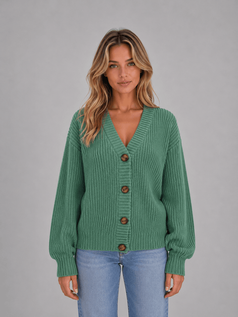 Chunky Ribbed Knit Button-Front V-Neck Women's Cardigan Jumper
