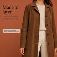 Women's Long Suede-Effect Button-Front Coat with Clean Vertical Line