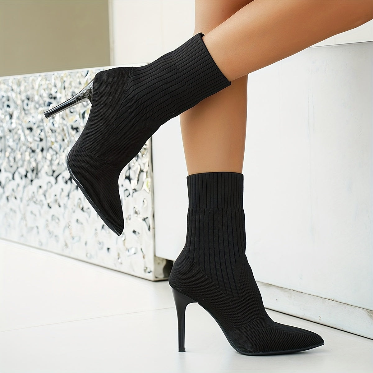 Women's Ribbed Knit Ankle Boots with Pointed Toe and Stiletto Heel