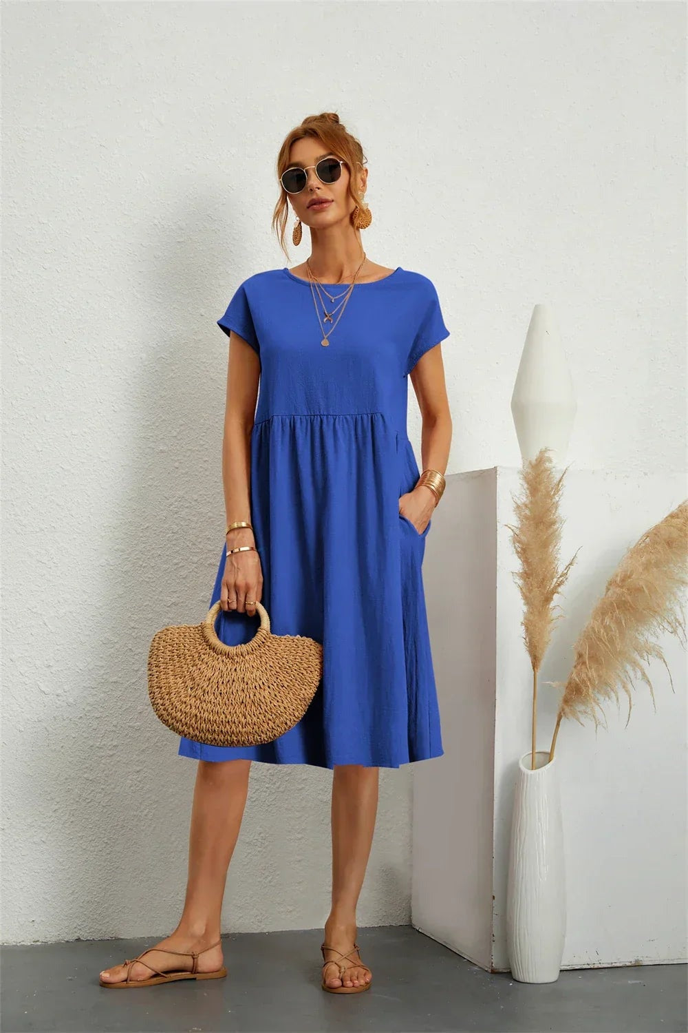 Women's Cotton Blend Christmas Party Shift Midi Dress with Pockets
