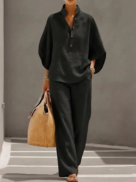 Vienna Collared Wide-Leg Linen Blend Two-Piece Co-ord Set for Women