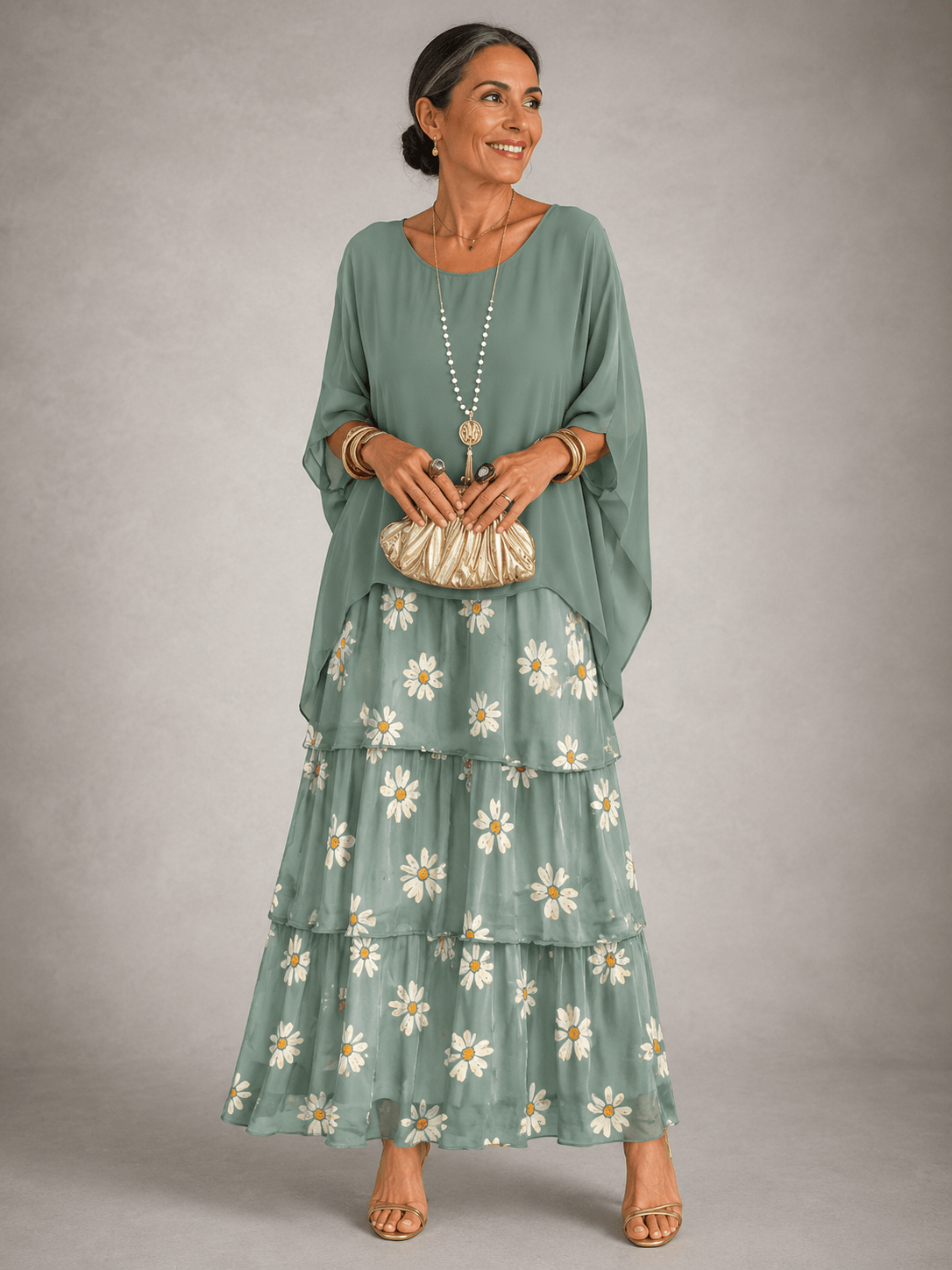 Tiered Chiffon Women's Maxi Dress with Flutter Sleeves and Layered Hem