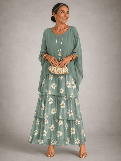Tiered Chiffon Women's Maxi Dress with Flutter Sleeves and Layered Hem