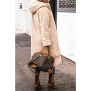 Women's Long Polyester Coat with Teddy Fleece Lining and Hood