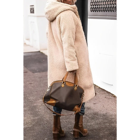 Women's Long Polyester Coat with Teddy Fleece Lining and Hood
