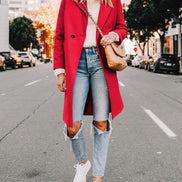 Women's Notch Lapel Double-Breasted Long Wool Winter Coat with Side Pockets