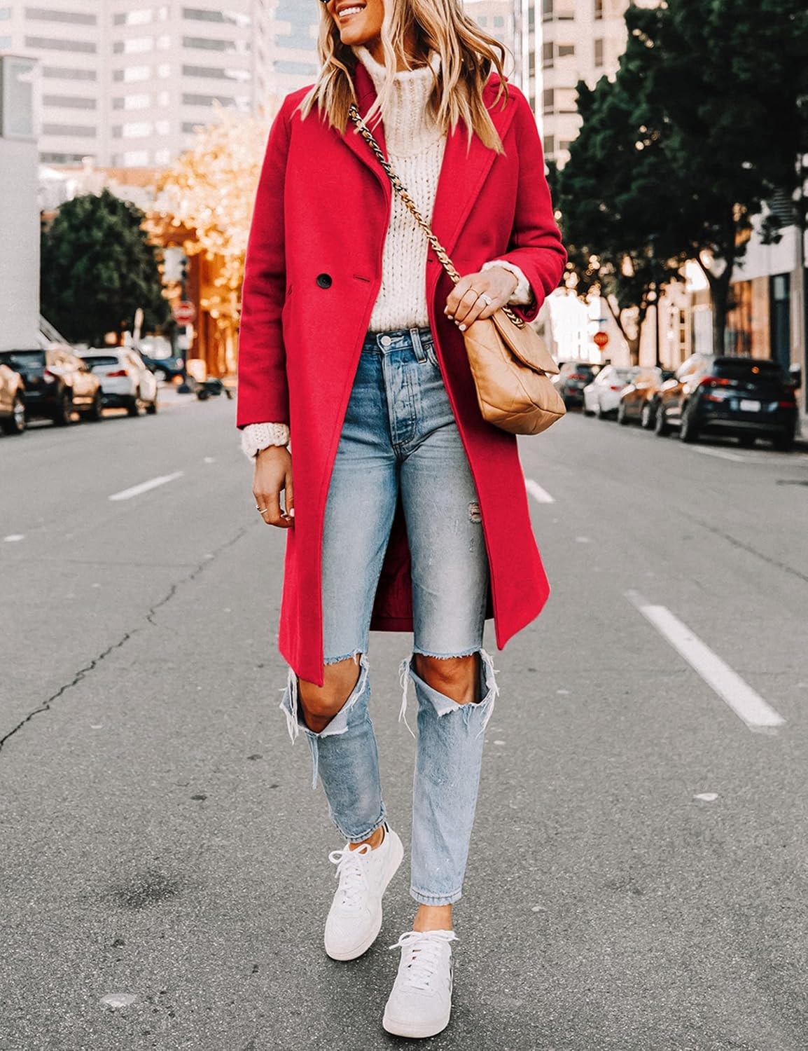 Women's Notch Lapel Double-Breasted Long Wool Winter Coat with Side Pockets