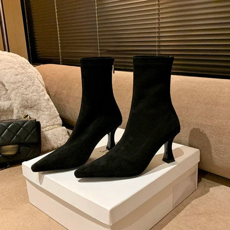 Doris Pointed-Toe Sock Boots with Kitten Heel in Suede-Effect Fabric