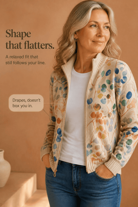 Botanical Print Zip-Up Knit Cardigan with Ribbed Trim