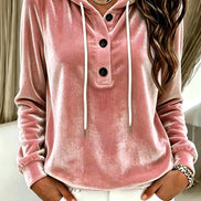 Women's Velvet Hooded Sweatshirt with Button Placket and Drawstring