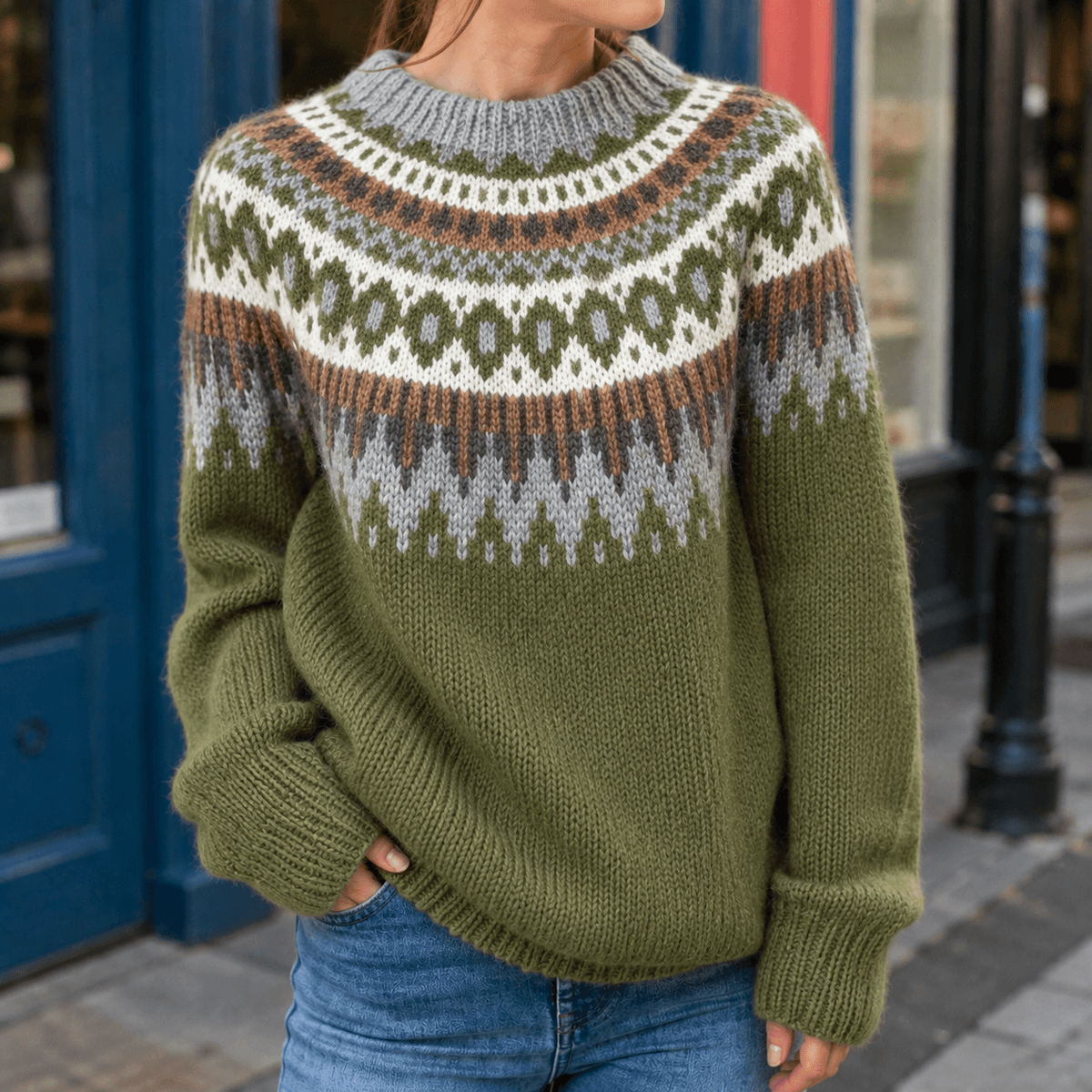 Women's Fair Isle Patterned Knitted Jumper with Ribbed Cuffs