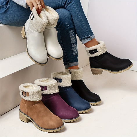 Faux Shearling Cuff Buckle Boots with Block Heel