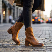 Bellora Leather Ankle Boots with Side Zipper and Stacked Block Heel