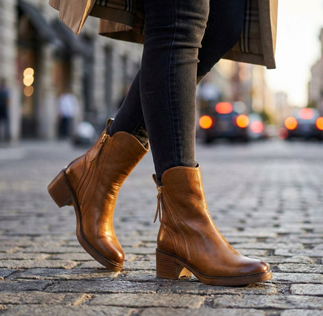 Bellora Leather Ankle Boots with Side Zipper and Stacked Block Heel