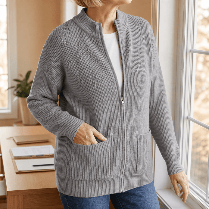 Covena Ribbed Zip-Up Knitted Cardigan with Pockets for Women