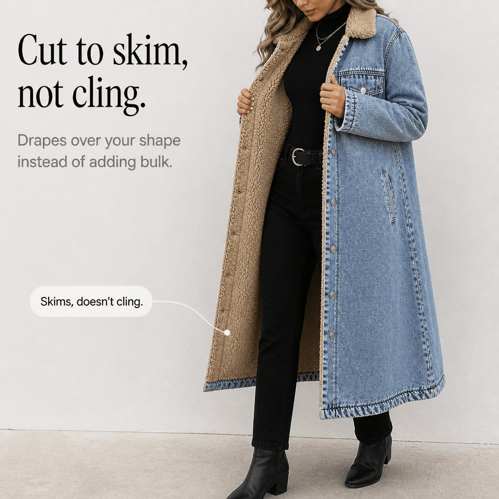 Denora Sherpa-Lined Full-Length Denim Coat with Lapel Collar