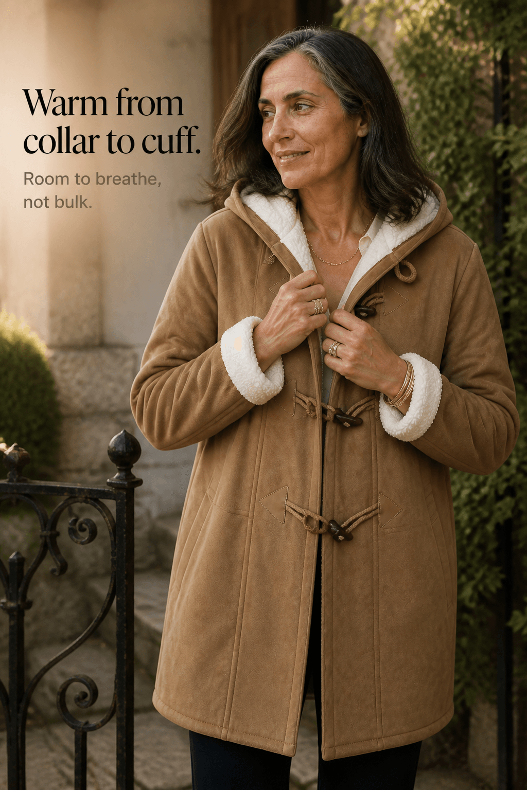 Women's Hooded Faux Suede Toggle Coat with Plush Sherpa Lining