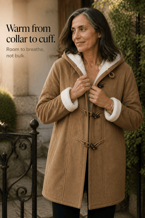 Women's Hooded Faux Suede Toggle Coat with Plush Sherpa Lining