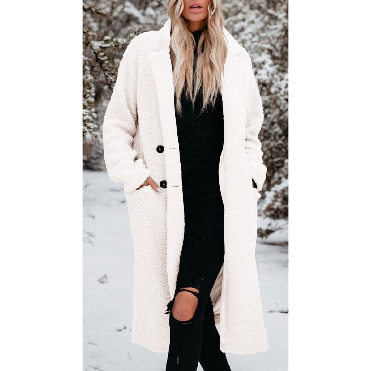 Women's Long Teddy Fleece Coat with Button Front Closure