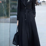 Elora Belted Shawl Collar Long Wool-Blend Coat with Button Front