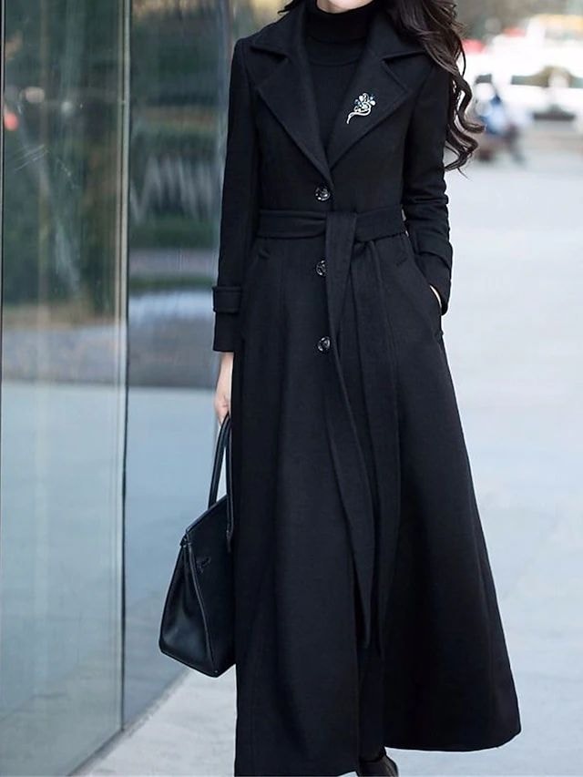 Elora Belted Shawl Collar Long Wool-Blend Coat with Button Front