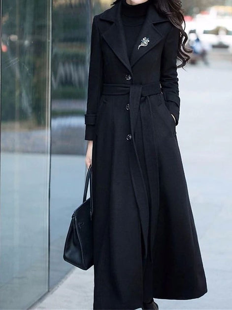 Elora Belted Shawl Collar Long Wool-Blend Coat with Button Front