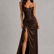 Draped Satin High-Slit Christmas Party Maxi Dress with Ruched Waist