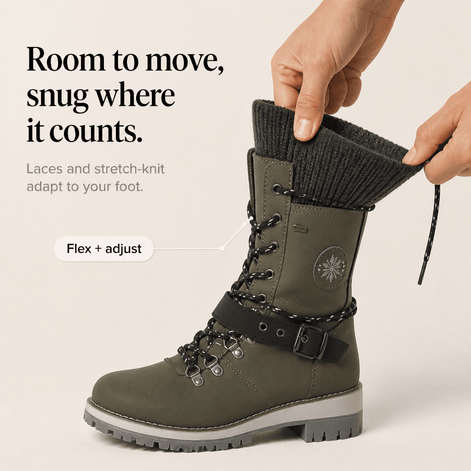 Women's Knit-Cuff Lace-Up Winter Boots with Buckle Strap