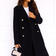 Women's Double-Breasted Long Wool-Blend Pea Coat with Notch Lapel