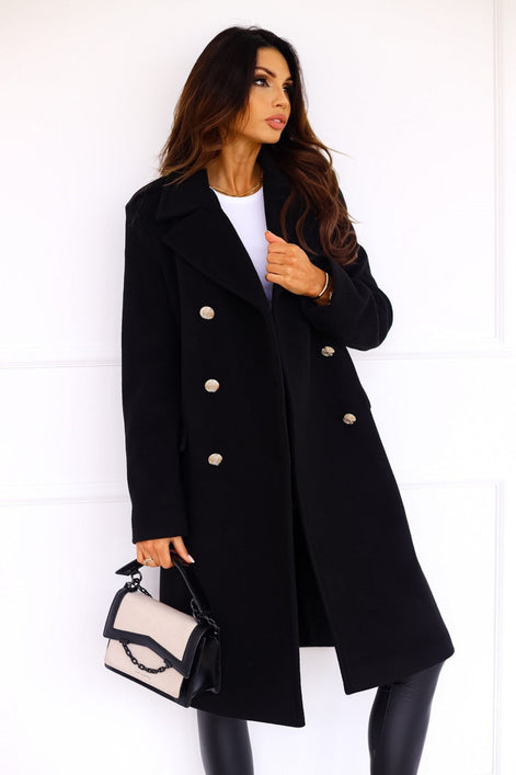 Women's Double-Breasted Long Wool-Blend Pea Coat with Notch Lapel