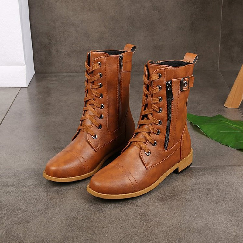 Hazel Lace-Up Combat Boots with Side Zip and Buckle Detail in Faux Leather