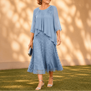 Elavine Sheer-Sleeve Floral Lace Overlay Chiffon Women's Midi Dress