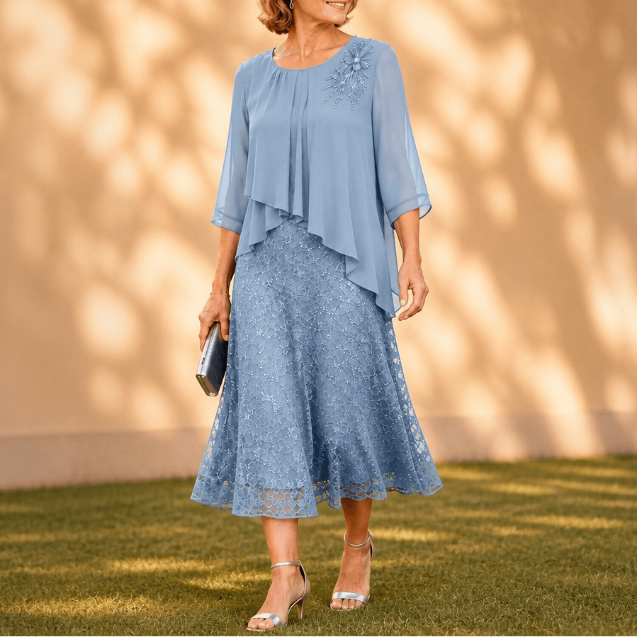 Elavine Sheer-Sleeve Floral Lace Overlay Chiffon Women's Midi Dress