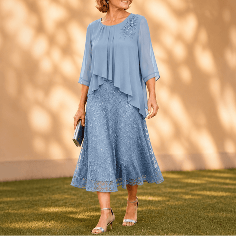 Elavine Sheer-Sleeve Floral Lace Overlay Chiffon Women's Midi Dress